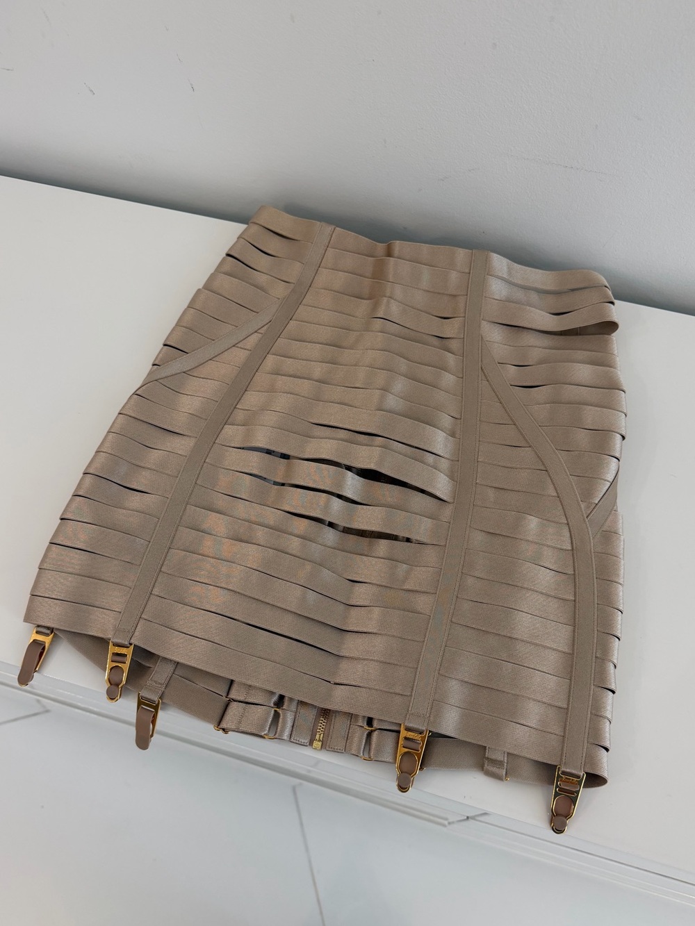 Beige Strappy Mini Skirt with Garter Hardware